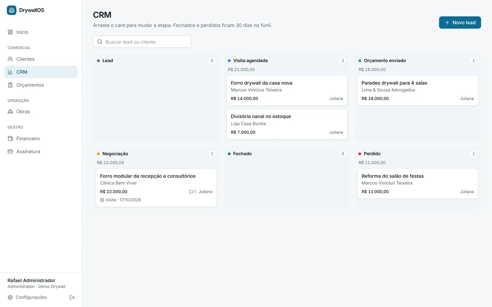 Quadro do CRM com os leads separados por etapa