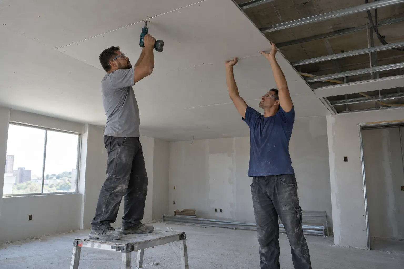 Dois profissionais instalando forro de gesso