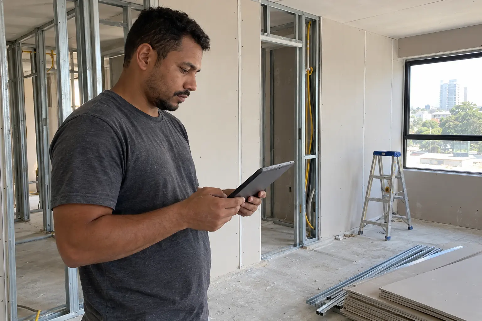 Instalador de drywall consultando o tablet numa obra