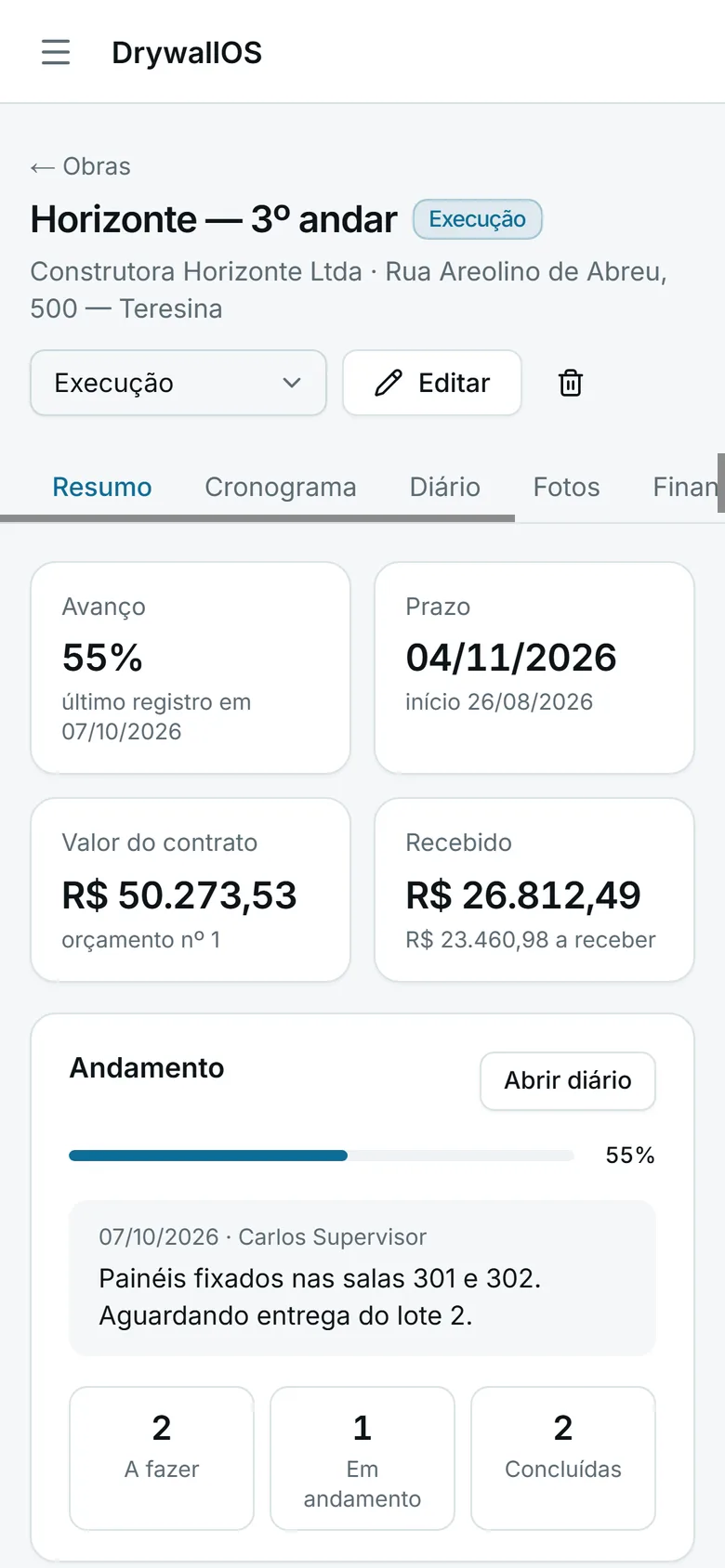 Obra no celular com avanço, prazo, valor do contrato e último registro do diário