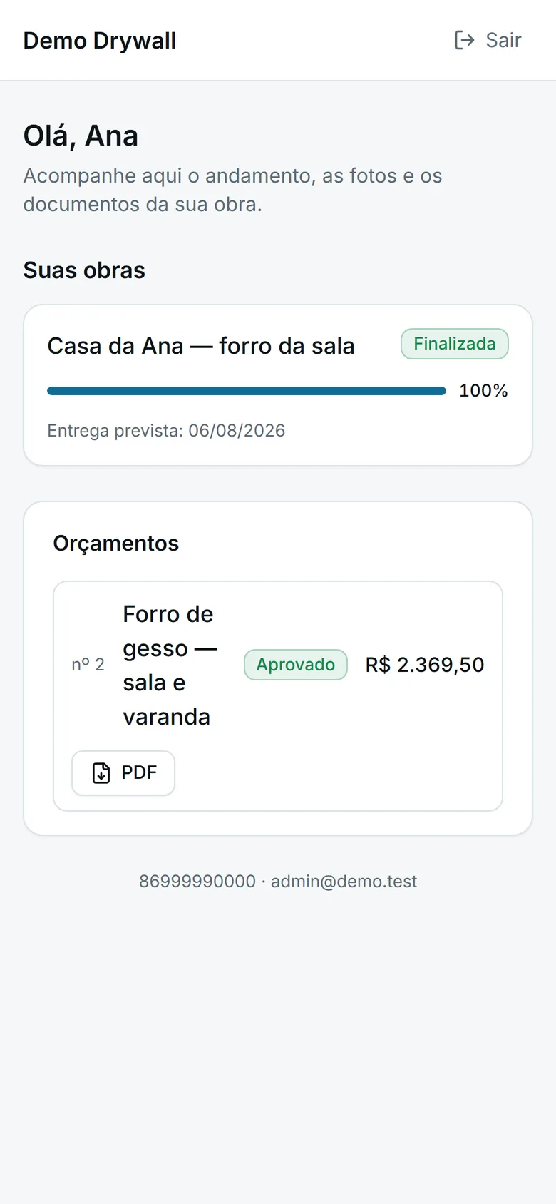 Portal do cliente no celular com a obra e o orçamento aprovado